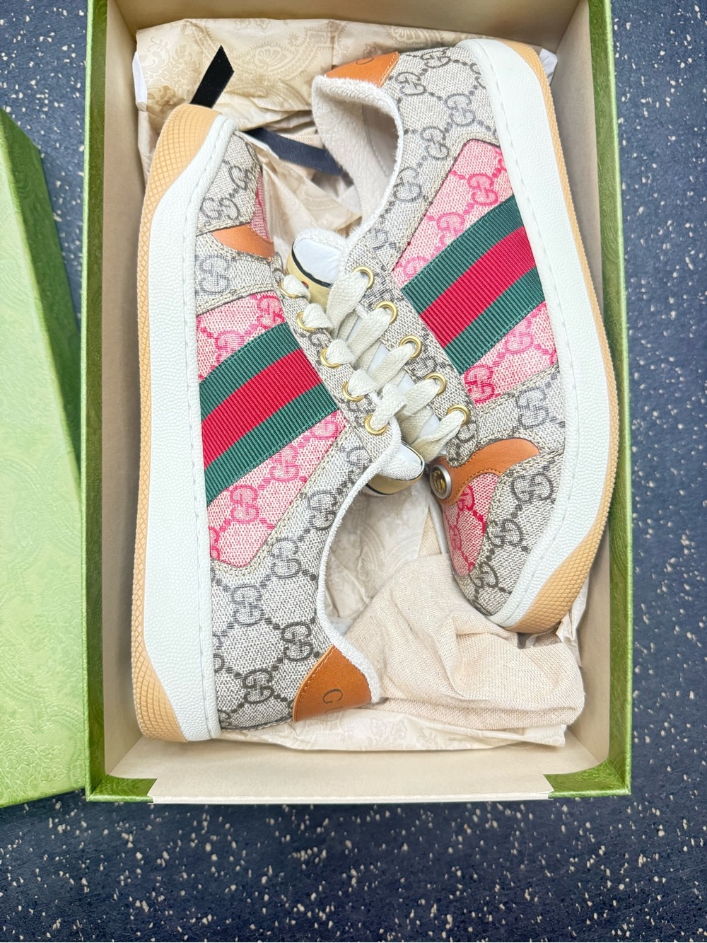 Gucci GG Canvas Pink & Green Stripe Low-Top Sneakers with Tan Accents